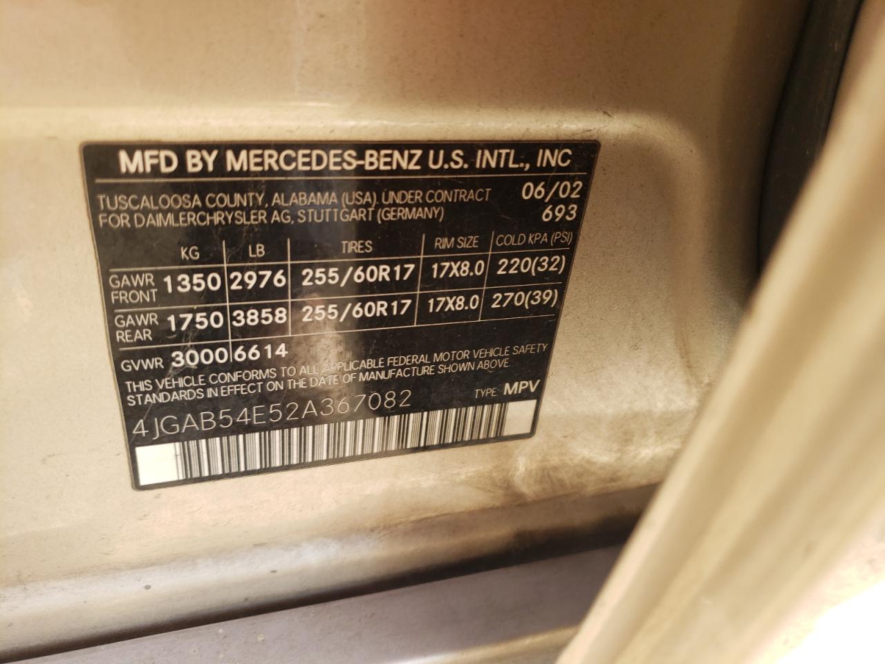 Photo 10 from auction – 2002 MERCEDES-BENZ ML 320 with VIN 4JGAB54E52A367082