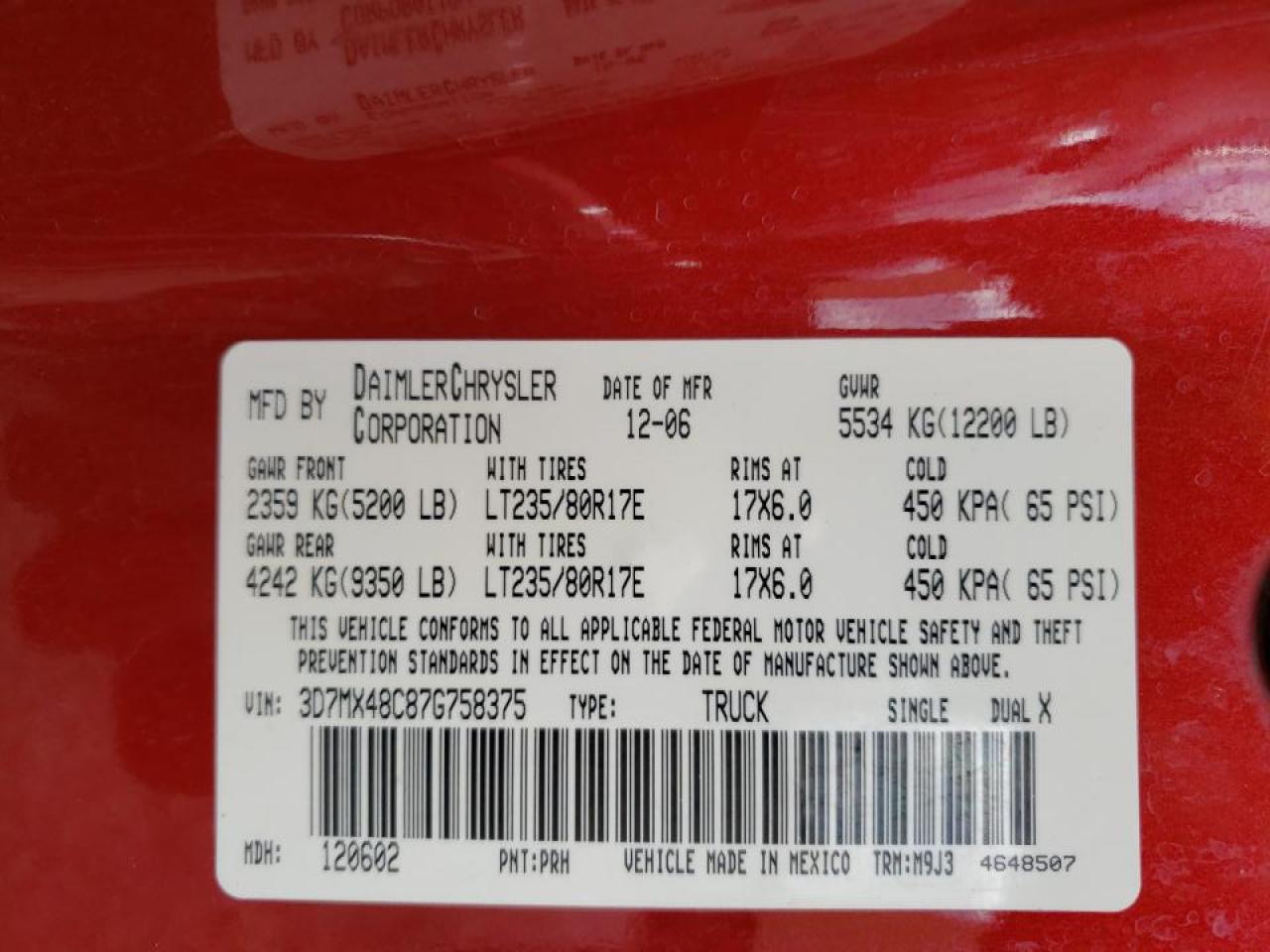 Photo 10 from auction – 2007 DODGE RAM 3500 S with VIN 3D7MX48C87G758375