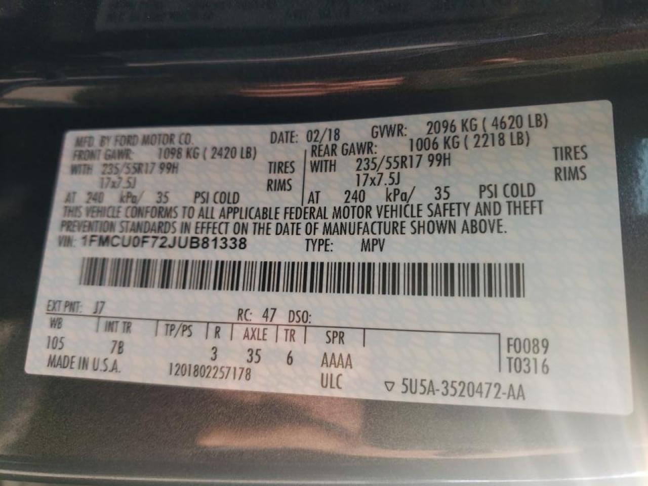 Photo 10 from auction – 2018 FORD ESCAPE S with VIN 1FMCU0F72JUB81338