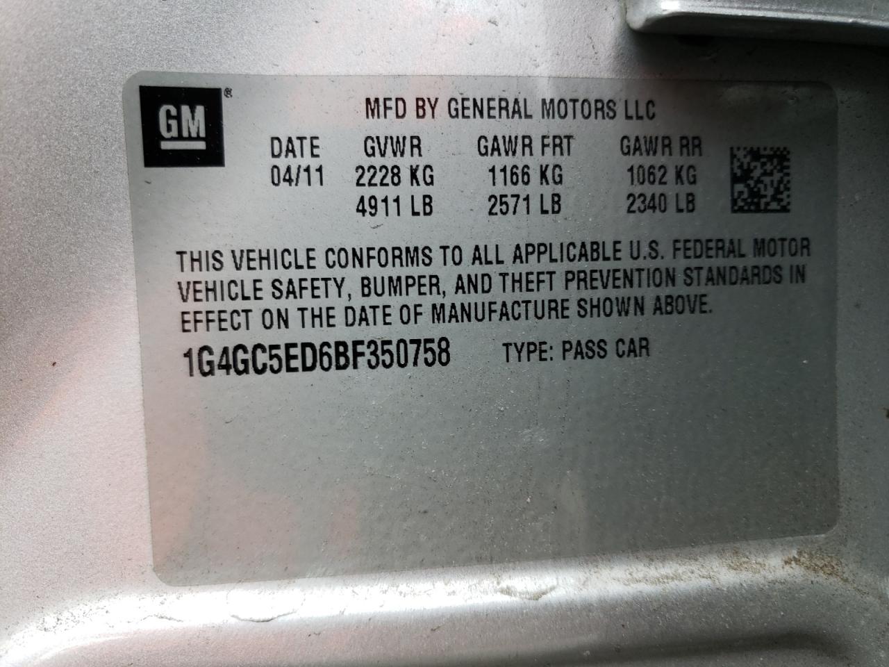 Photo 10 from auction – 2011 BUICK LACROSSE C with VIN 1G4GC5ED6BF350758