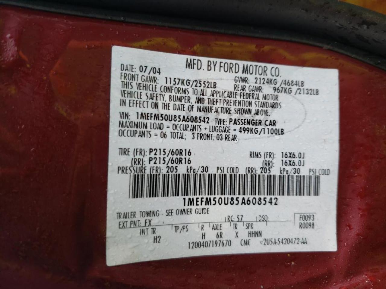Photo 10 from auction – 2005 MERCURY SABLE with VIN 1MEFM50U85A608542
