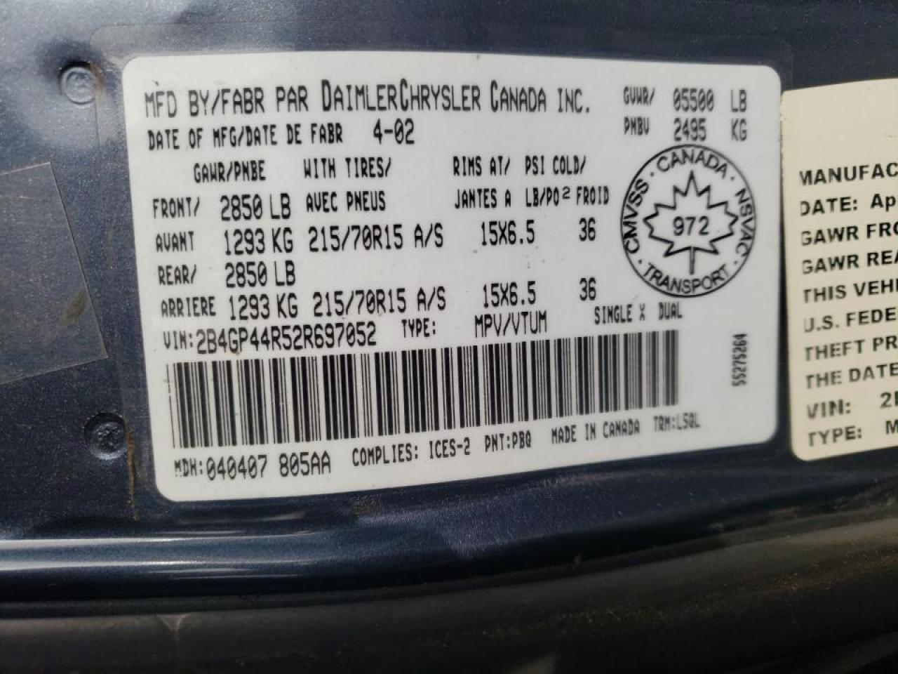 Photo 10 from auction – 2002 DODGE GRAND CARA with VIN 2B4GP44R52R697052