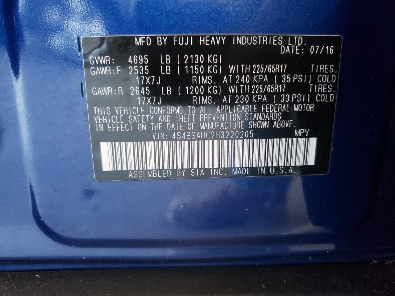 Photo 10 from auction – 2017 SUBARU OUTBACK 2. with VIN 4S4BSAHC2H3220205