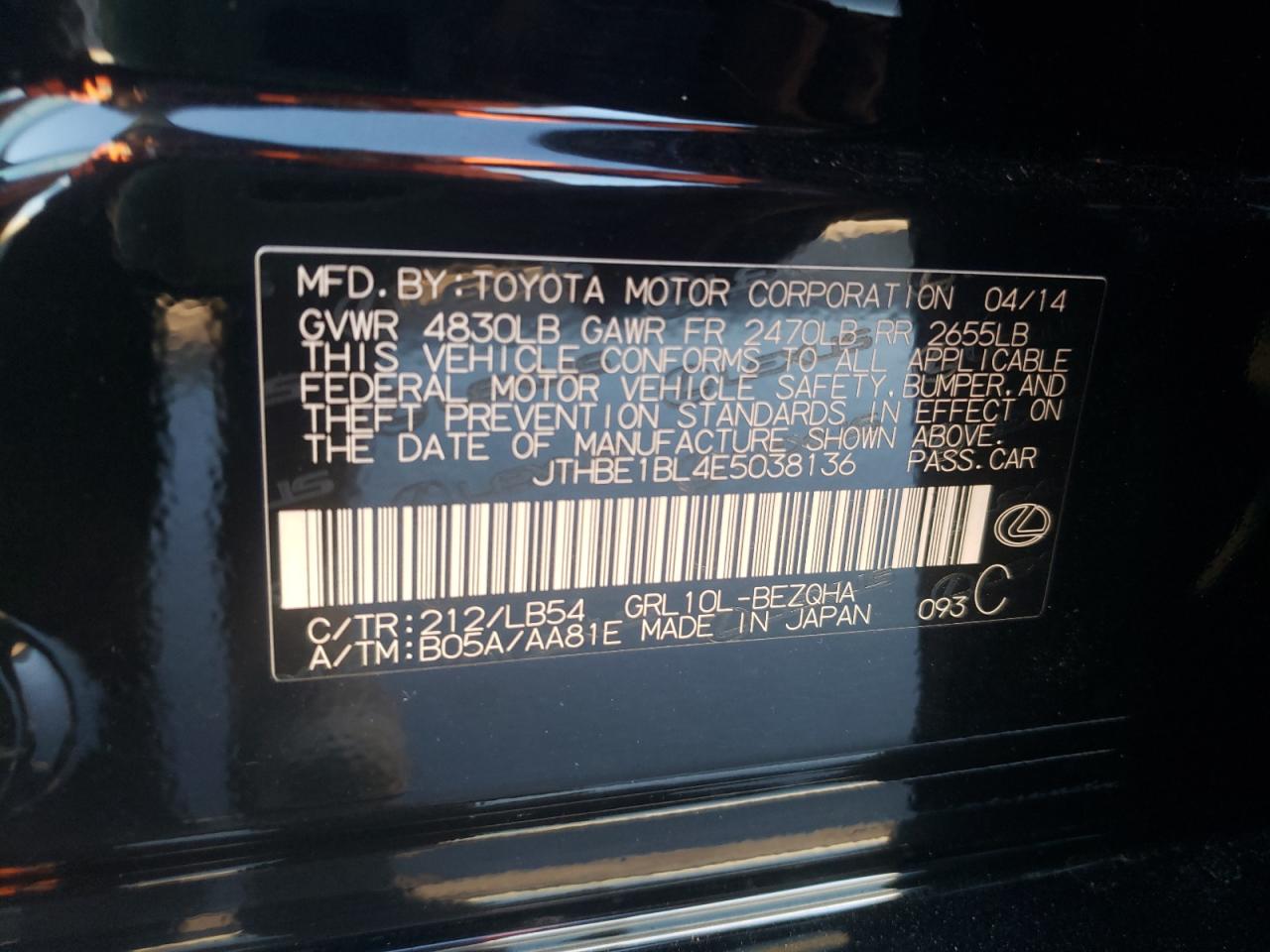 Photo 10 from auction – 2014 LEXUS GS 350 with VIN JTHBE1BL4E5038136