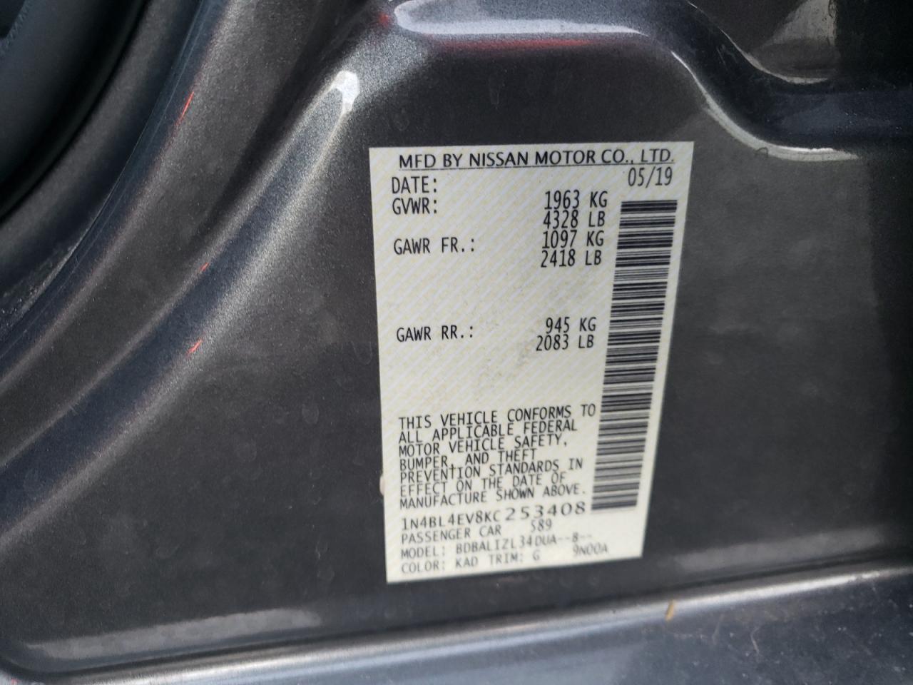 Photo 10 from auction – 2019 NISSAN ALTIMA SL with VIN 1N4BL4EV8KC253408