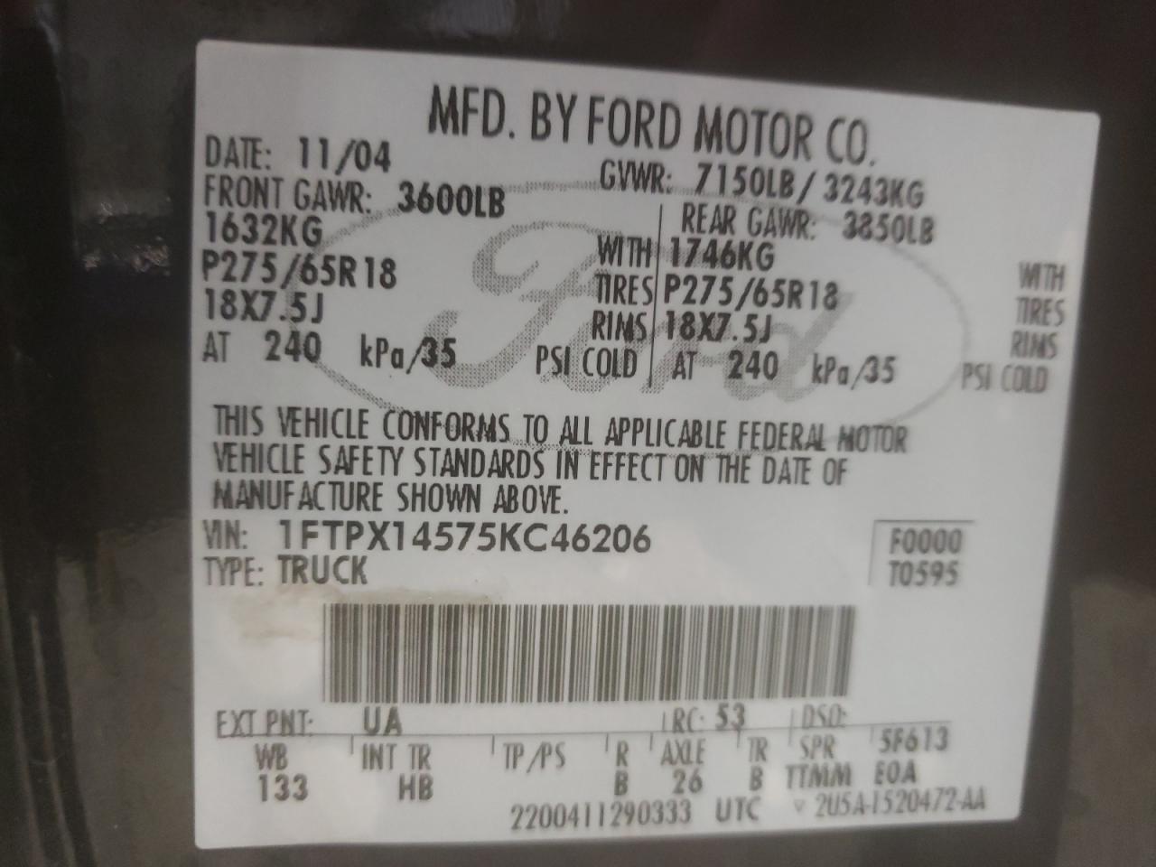 Photo 10 from auction – 2005 FORD F150 with VIN 1FTPX14575KC46206