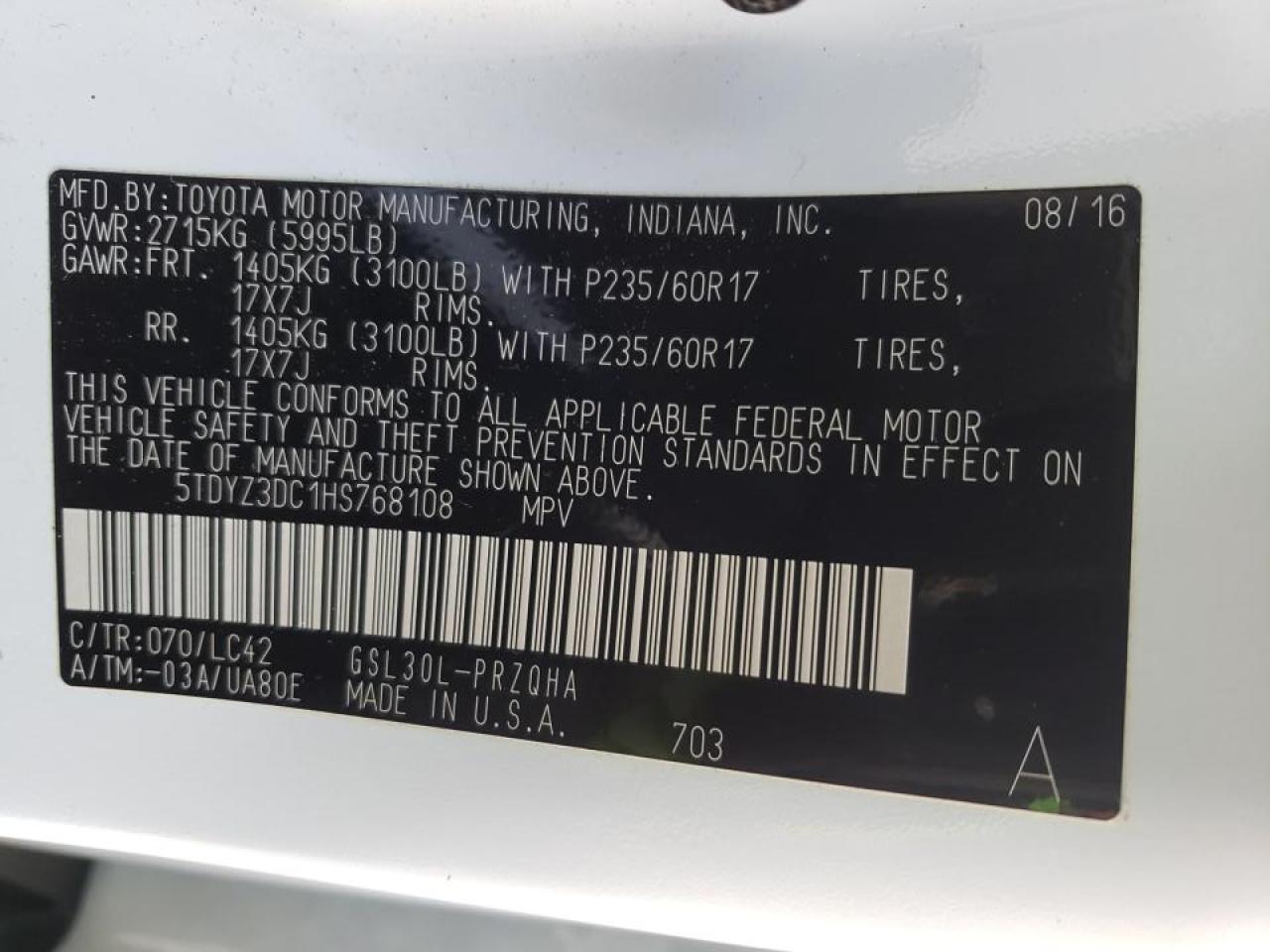 Photo 10 from auction – 2017 TOYOTA SIENNA XLE with VIN 5TDYZ3DC1HS768108
