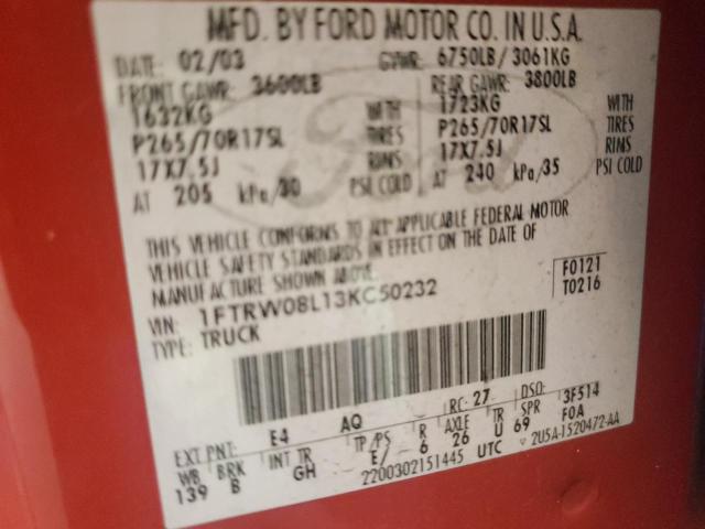 Photo 10 from auction – 2003 FORD F150 SUPER with VIN 1FTRW08L13KC50232
