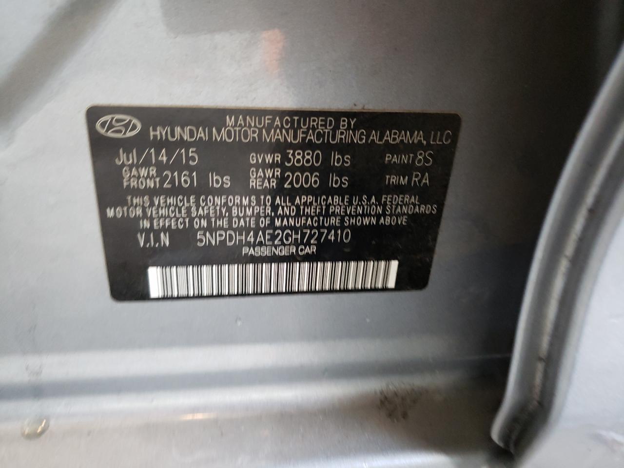 Photo 10 from auction – 2016 HYUNDAI ELANTRA SE with VIN 5NPDH4AE2GH727410