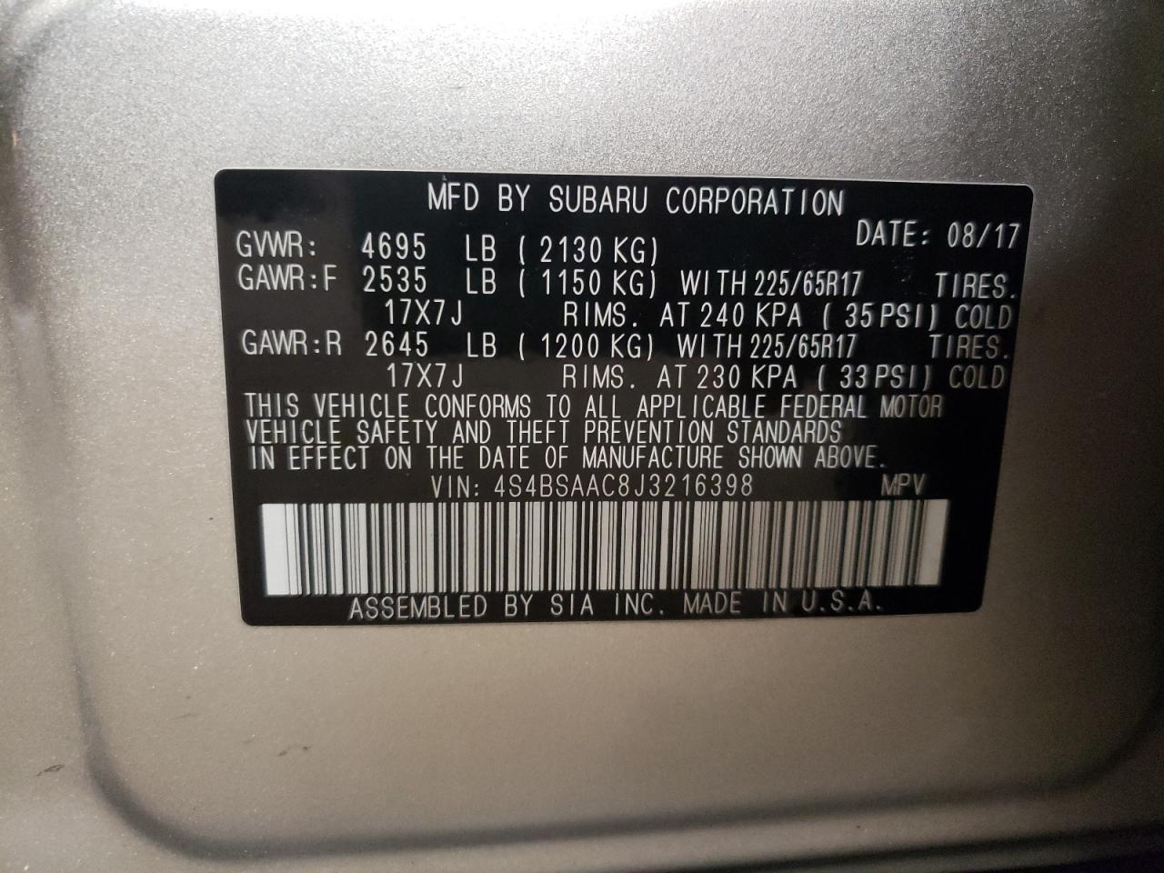 Photo 10 from auction – 2018 SUBARU OUTBACK with VIN 4S4BSAAC8J3216398