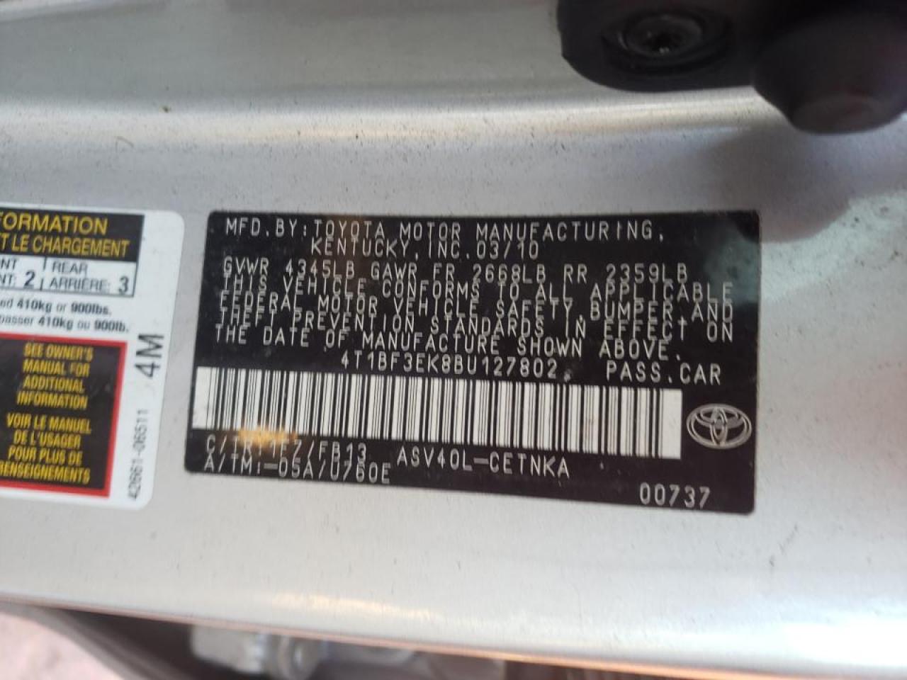 Photo 10 from auction – 2011 TOYOTA CAMRY BASE with VIN 4T1BF3EK8BU127802
