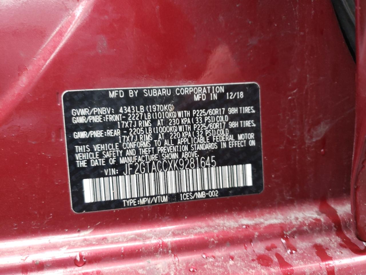 Photo 10 from auction – 2019 SUBARU CROSSTREK with VIN JF2GTACCXK9281645