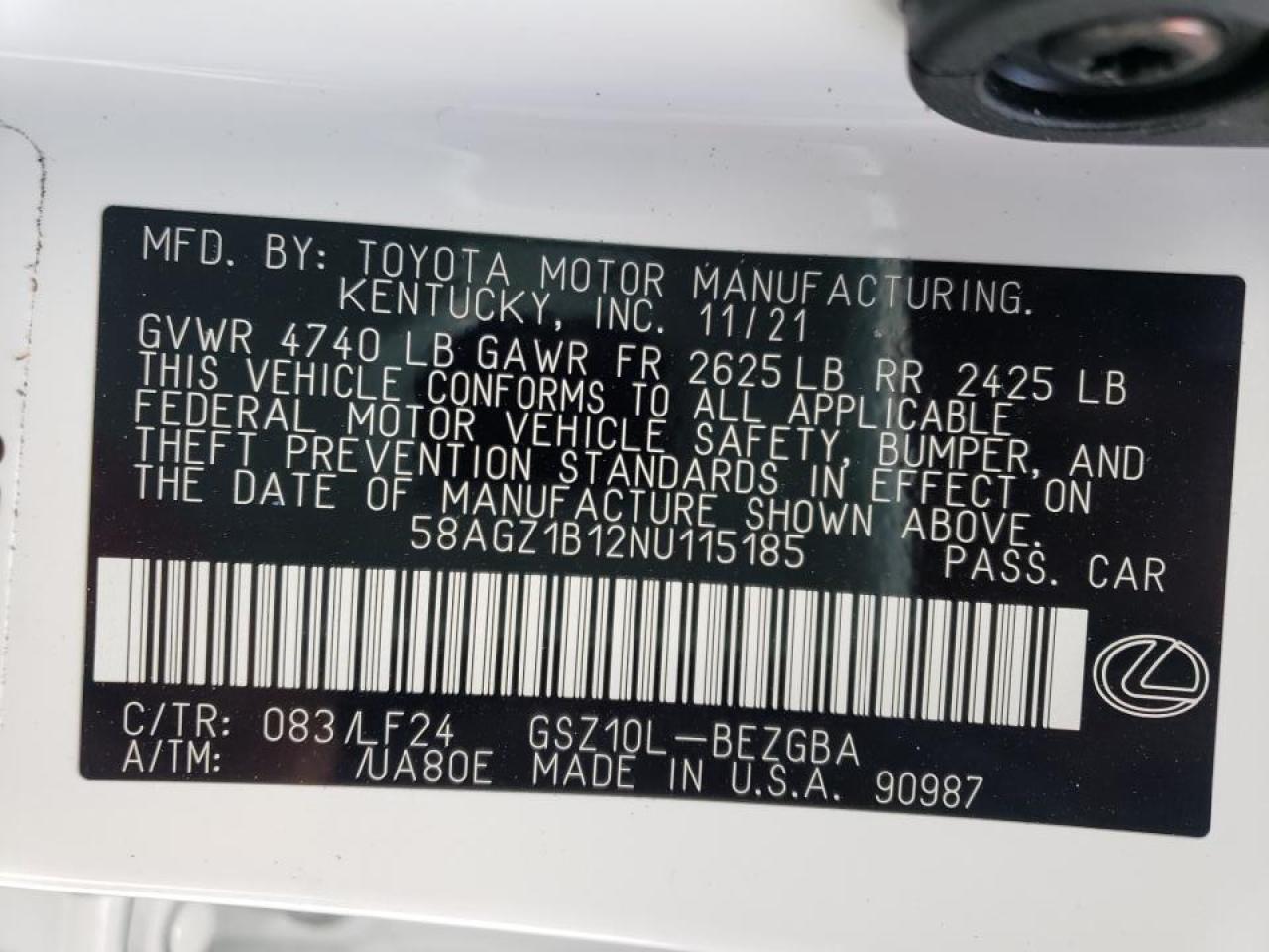 Photo 10 from auction – 2022 LEXUS ES 350 with VIN 58AGZ1B12NU115185