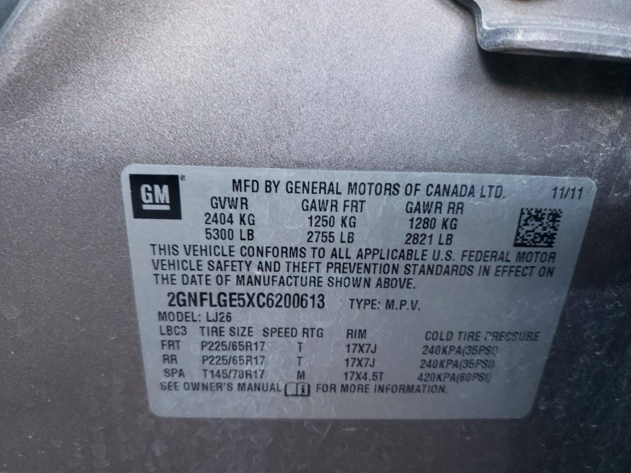 Photo 10 from auction – 2012 CHEVROLET EQUINOX LT with VIN 2GNFLGE5XC6200613