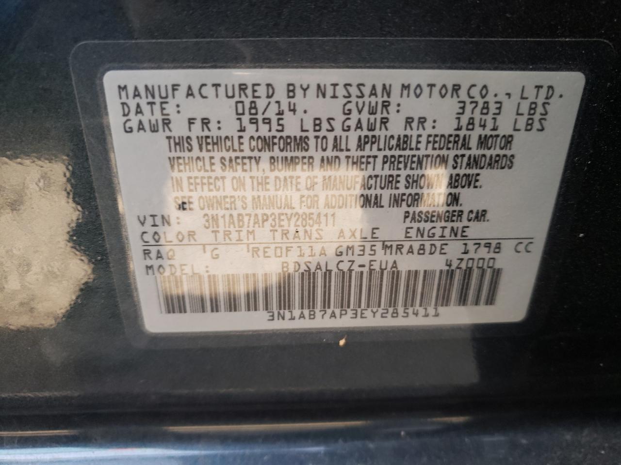 Photo 10 from auction – 2014 NISSAN SENTRA S with VIN 3N1AB7AP3EY285411