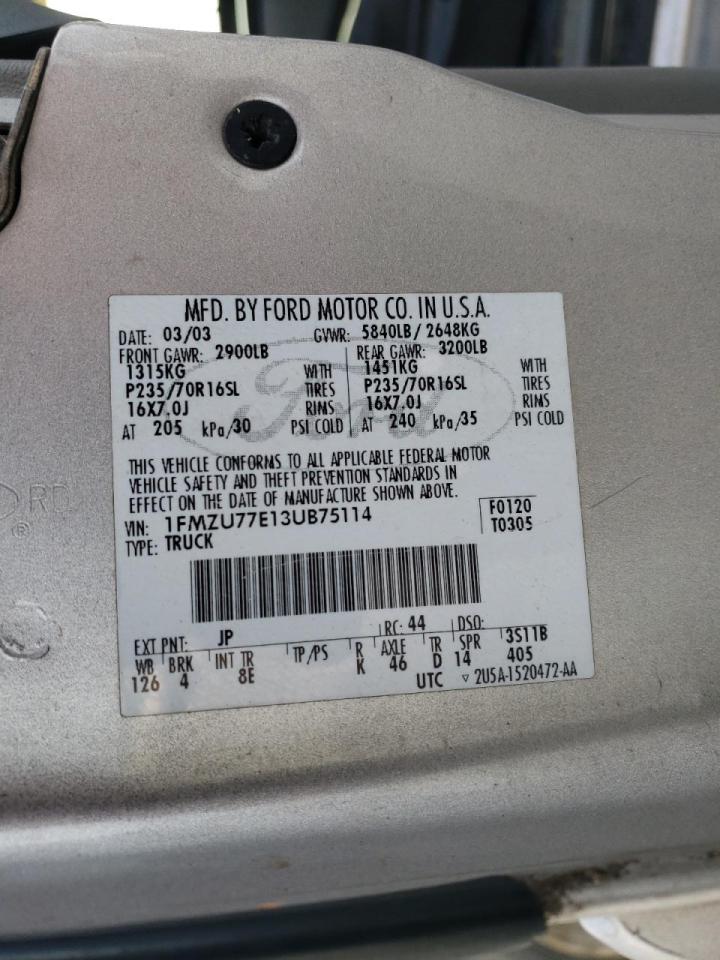 Photo 10 from auction – 2003 FORD EXPLORER S with VIN 1FMZU77E13UB75114