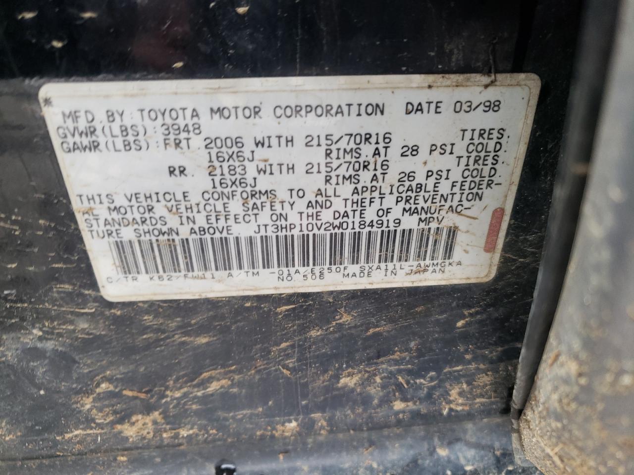 Photo 10 from auction – 1998 TOYOTA RAV4 with VIN JT3HP10V2W0184919
