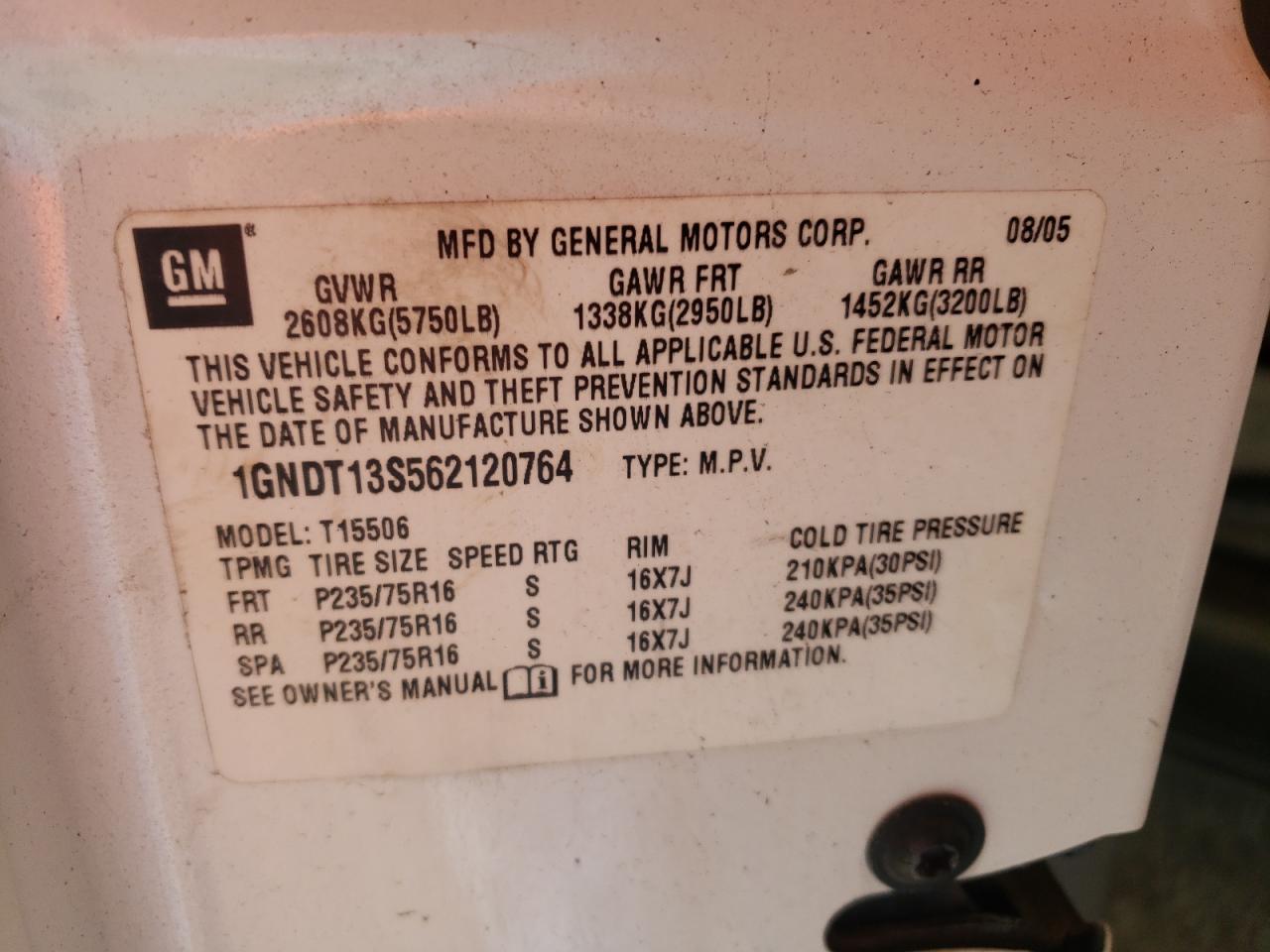 Photo 10 from auction – 2006 CHEVROLET TRAILBLAZE with VIN 1GNDT13S562120764