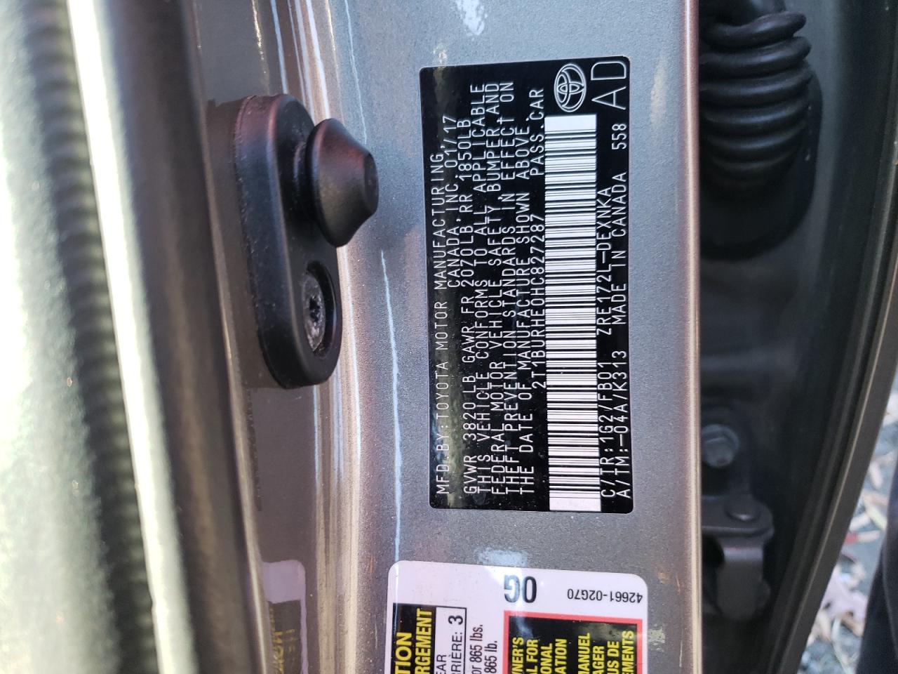 Photo 10 from auction – 2017 TOYOTA COROLLA L with VIN 2T1BURHE0HC827287