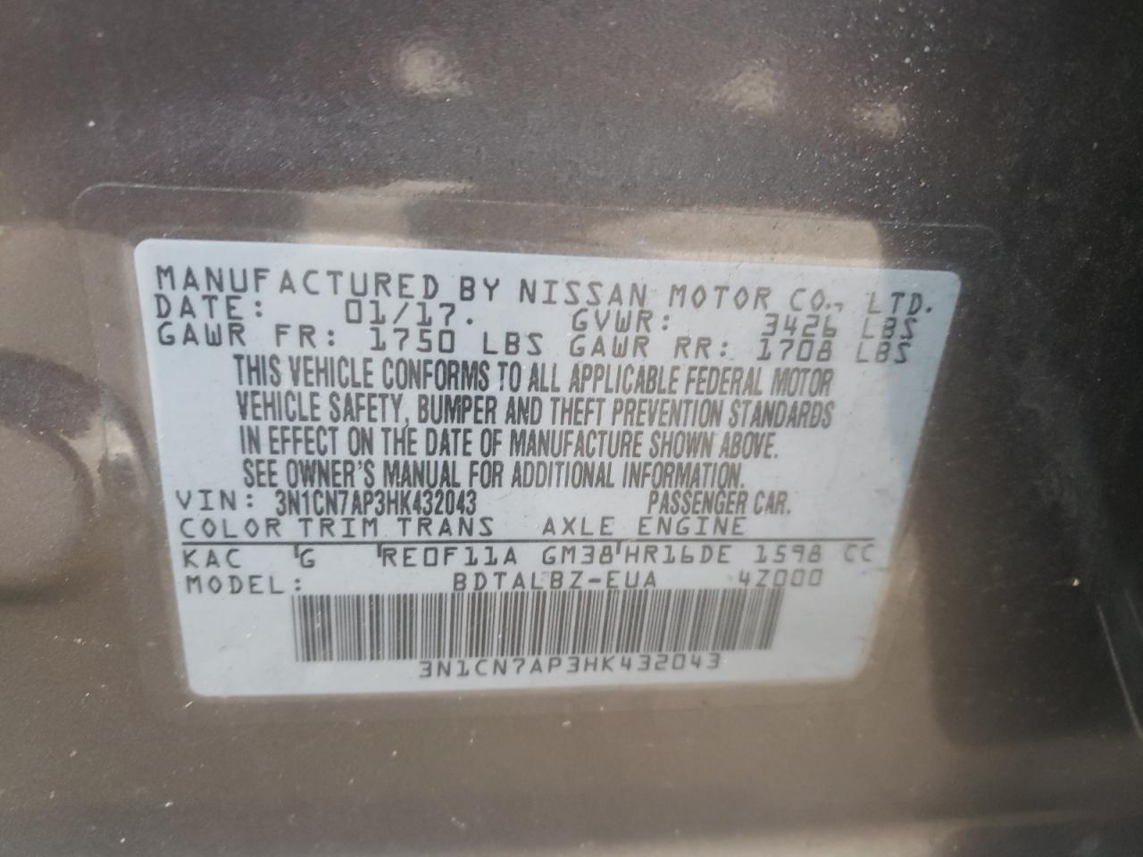 Photo 10 from auction – 2017 NISSAN VERSA S with VIN 3N1CN7AP3HK432043