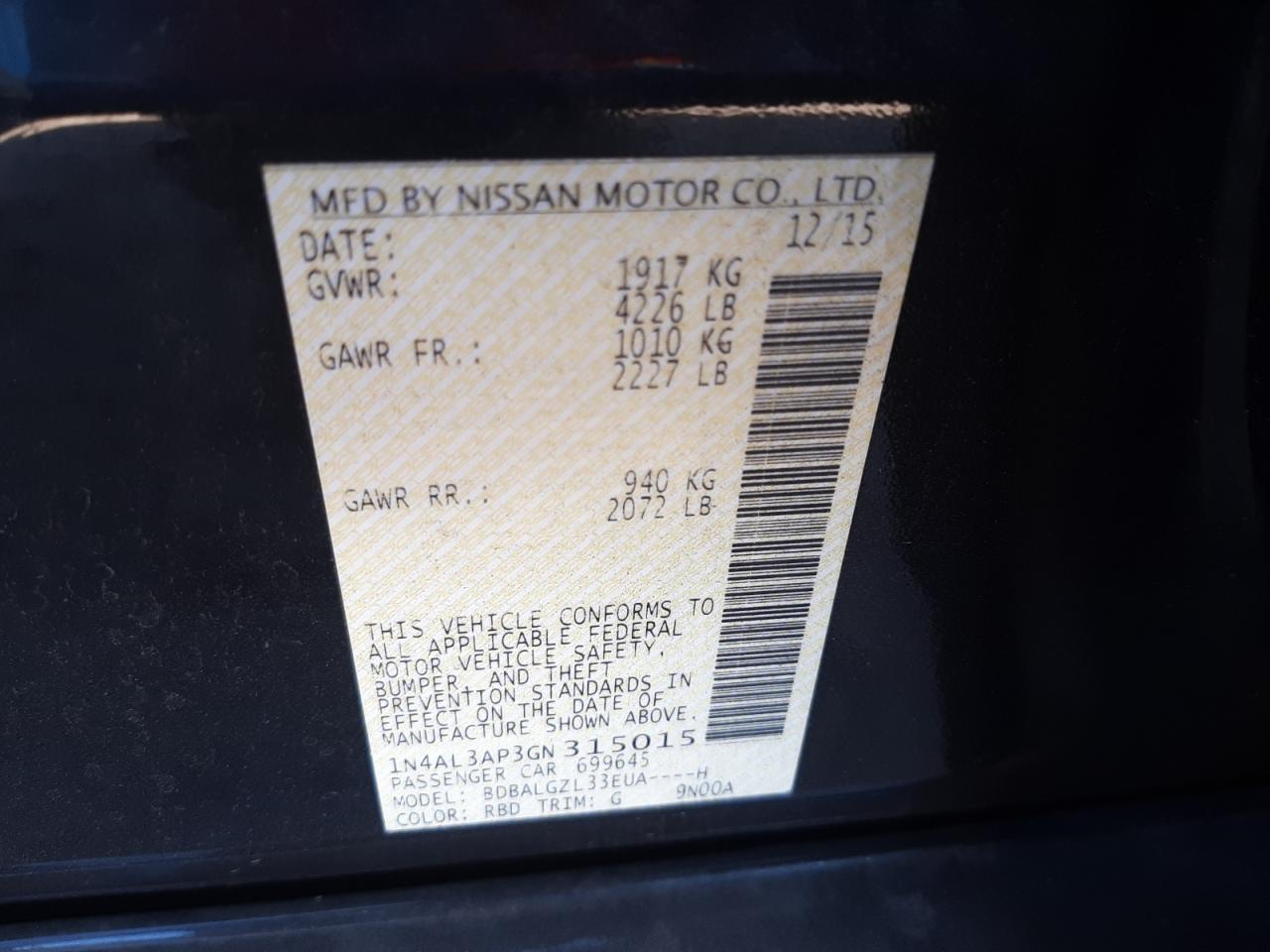 Photo 10 from auction – 2016 NISSAN ALTIMA 2.5 with VIN 1N4AL3AP3GN315015