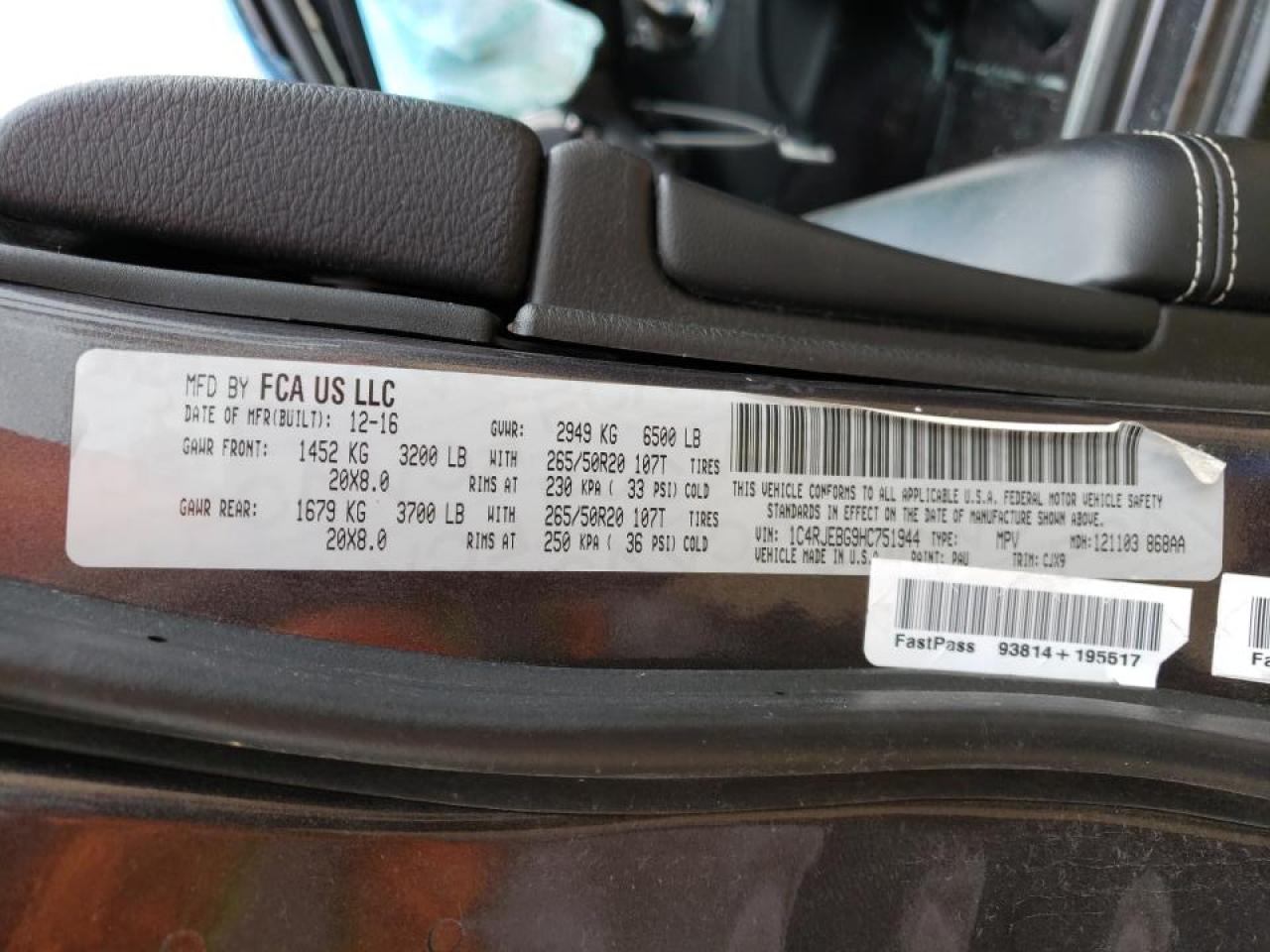 Photo 10 from auction – 2017 JEEP GRAND CHER with VIN 1C4RJEBG9HC751944