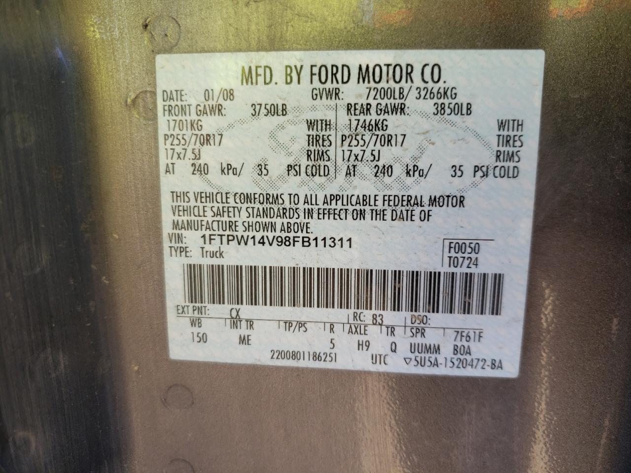 Photo 10 from auction – 2008 FORD F150 SUPER with VIN 1FTPW14V98FB11311