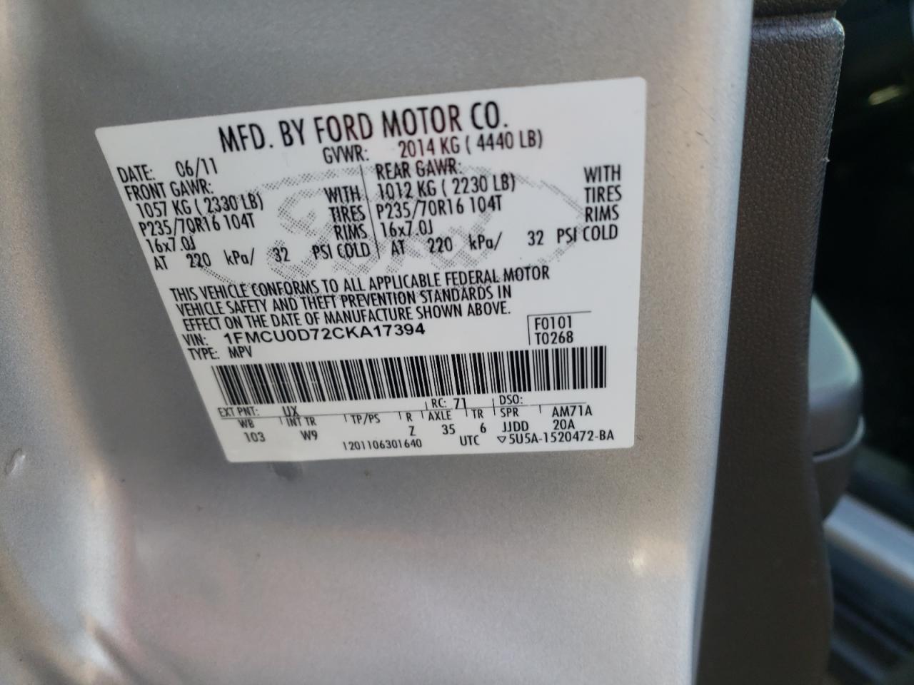 Photo 10 from auction – 2012 FORD ESCAPE XLT with VIN 1FMCU0D72CKA17394