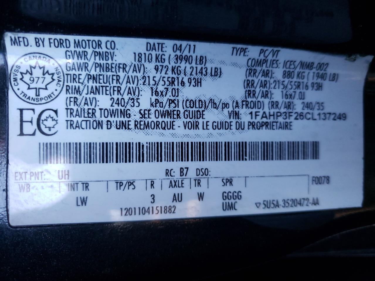 Photo 10 from auction – 2012 FORD FOCUS SE with VIN 1FAHP3F26CL137249