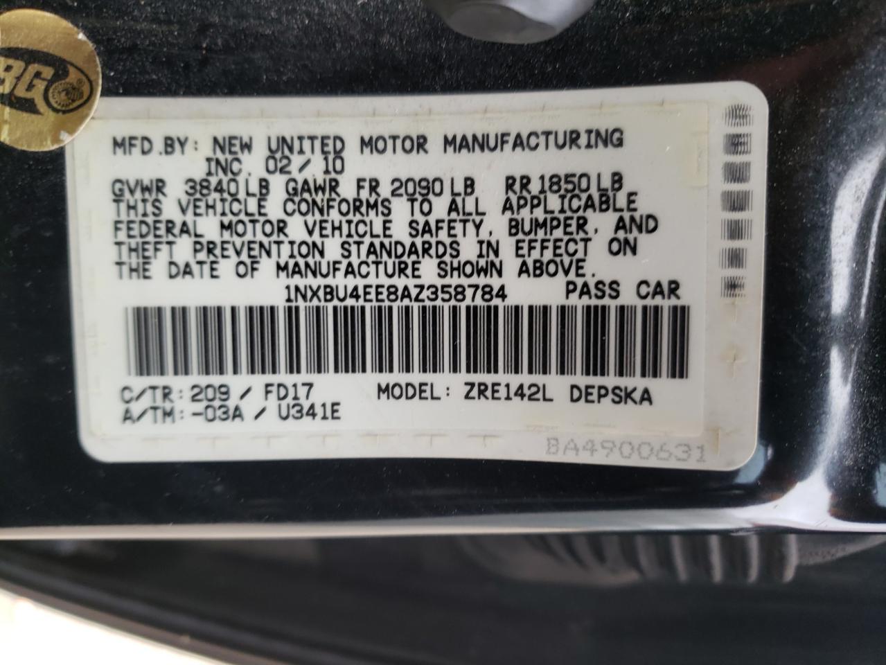 Photo 10 from auction – 2010 TOYOTA COROLLA BA with VIN 1NXBU4EE8AZ358784