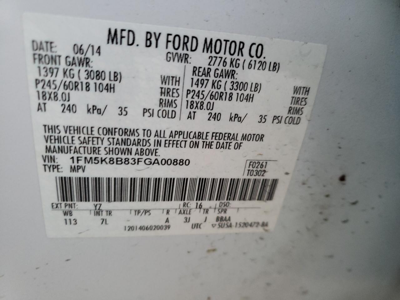 Photo 10 from auction – 2015 FORD EXPLORER with VIN 1FM5K8B83FGA00880