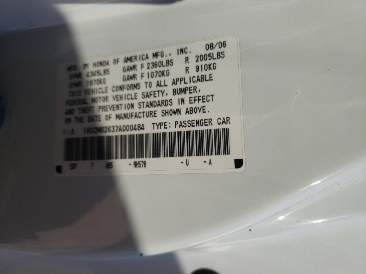Photo 10 from auction – 2007 HONDA ACCORD EX with VIN 1HGCM82637A000484