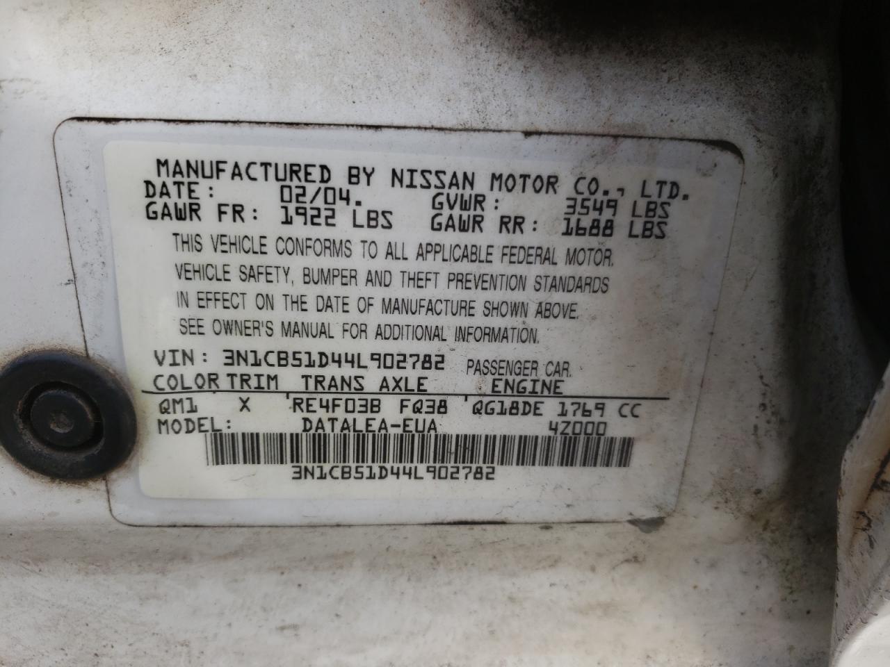 Photo 10 from auction – 2004 NISSAN SENTRA 1.8 with VIN 3N1CB51D44L902782
