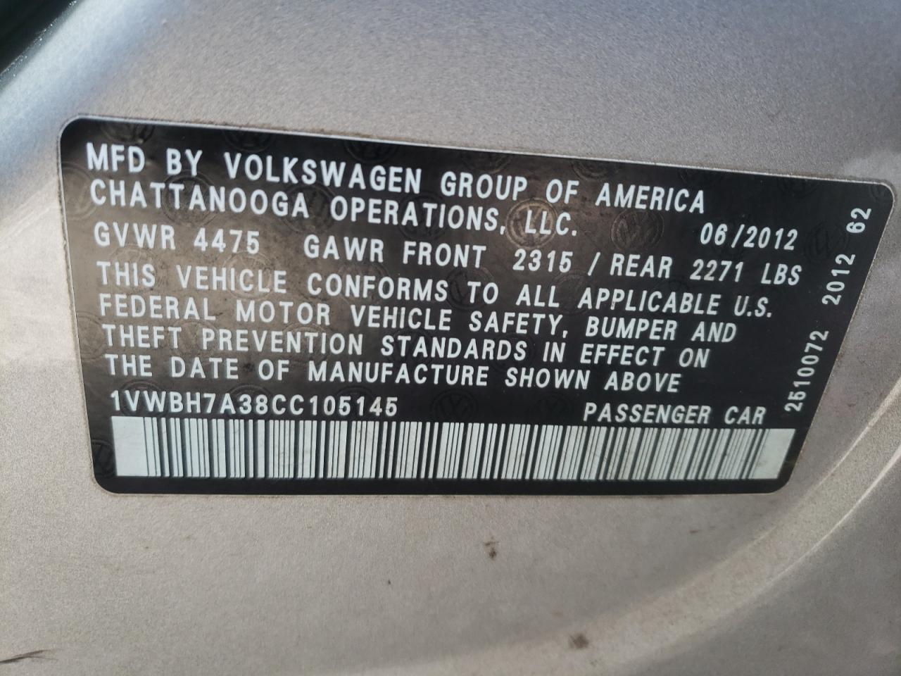 Photo 10 from auction – 2012 VOLKSWAGEN PASSAT SE with VIN 1VWBH7A38CC105145