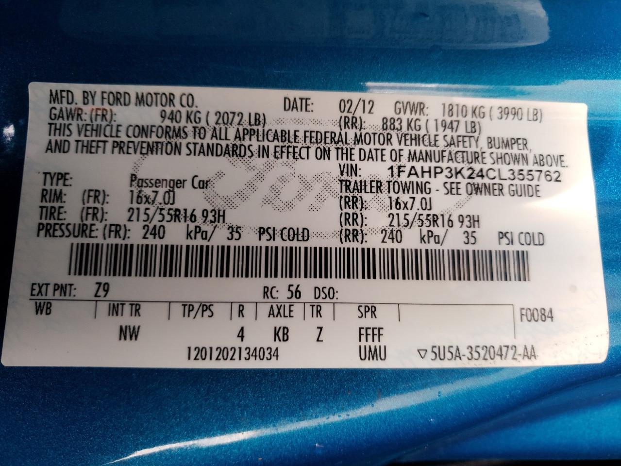 Photo 10 from auction – 2012 FORD FOCUS SE with VIN 1FAHP3K24CL355762