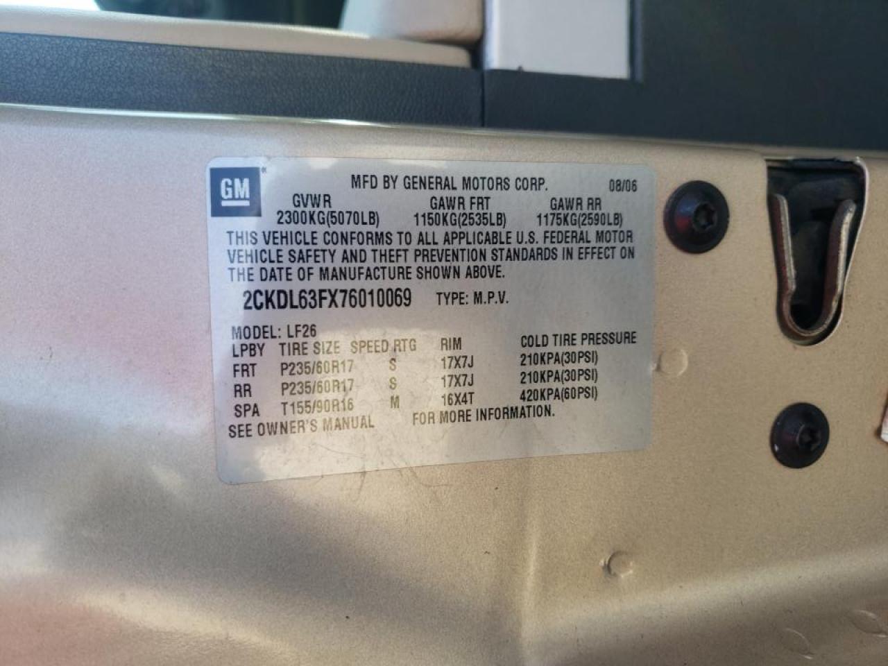 Photo 10 from auction – 2007 PONTIAC TORRENT with VIN 2CKDL63FX76010069