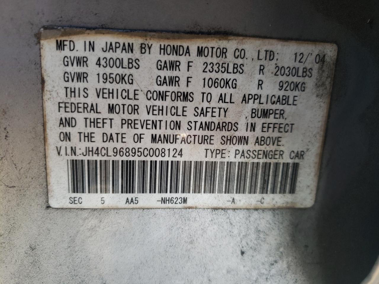 Photo 10 from auction – 2005 ACURA TSX with VIN JH4CL96895C008124