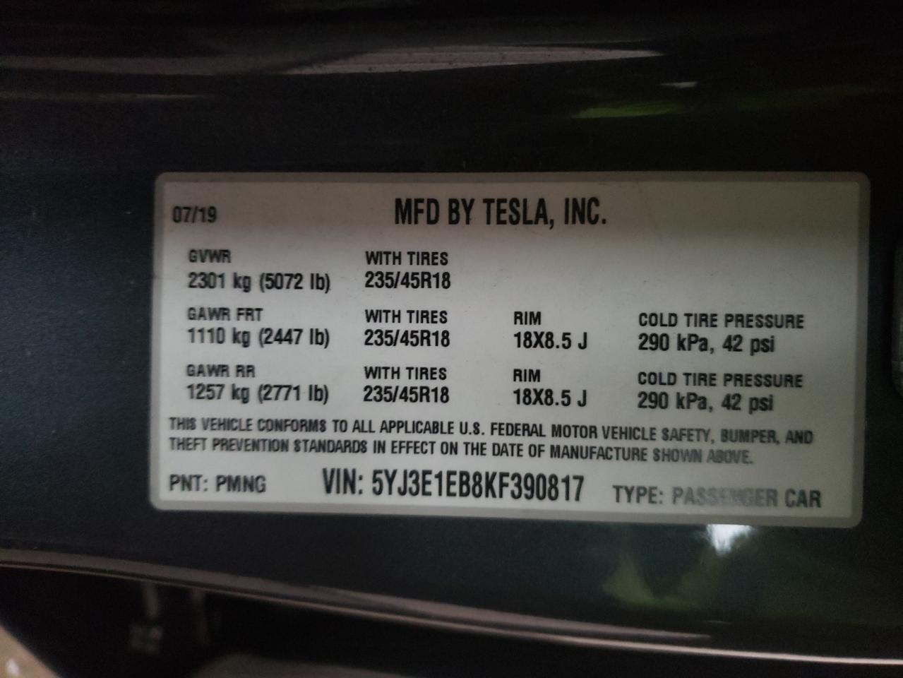 Photo 10 from auction – 2019 TESLA MODEL 3 with VIN 5YJ3E1EB8KF390817