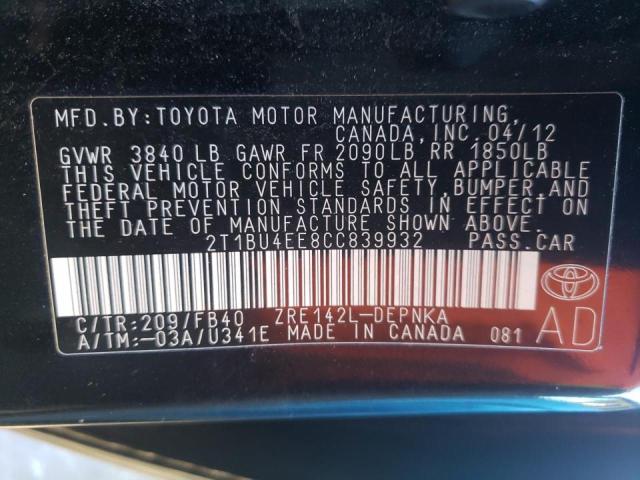 Photo 10 from auction – 2012 TOYOTA COROLLA BA with VIN 2T1BU4EE8CC839932