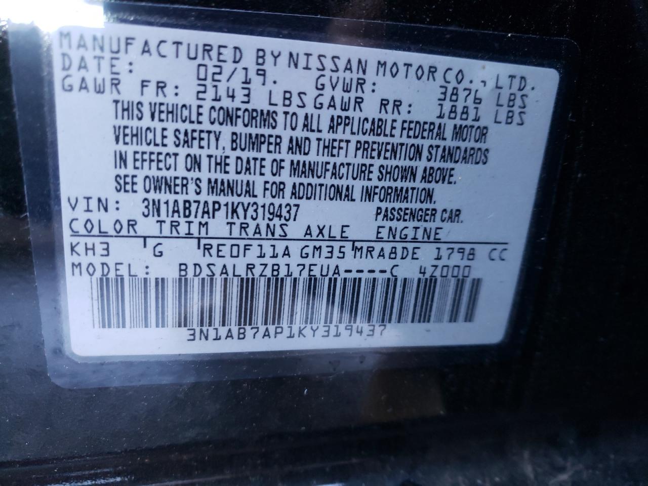Photo 10 from auction – 2019 NISSAN SENTRA S with VIN 3N1AB7AP1KY319437