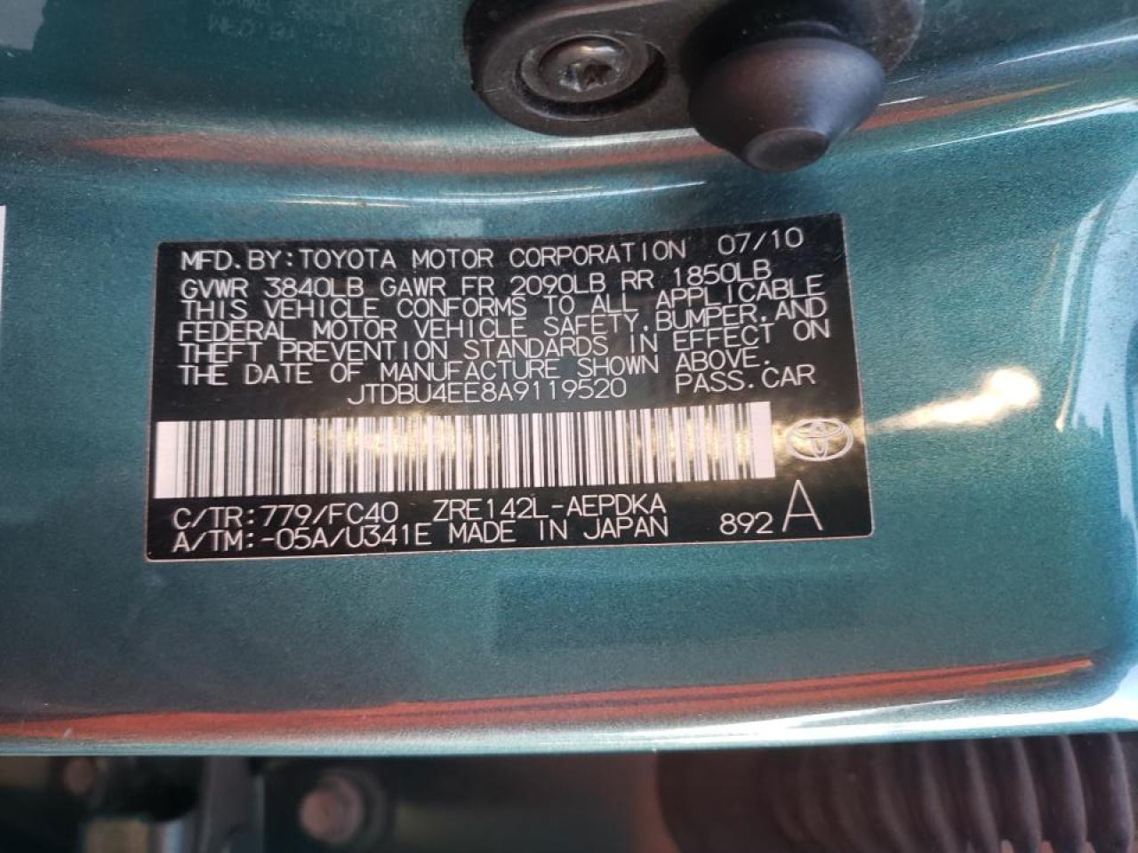 Photo 10 from auction – 2010 TOYOTA COROLLA BA with VIN JTDBU4EE8A9119520