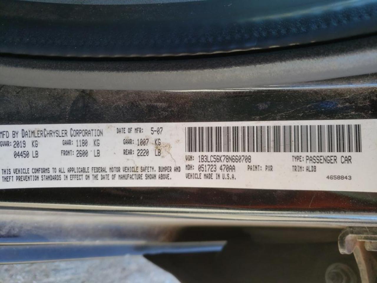 Photo 10 from auction – 2008 DODGE AVENGER SX with VIN 1B3LC56K78N660708