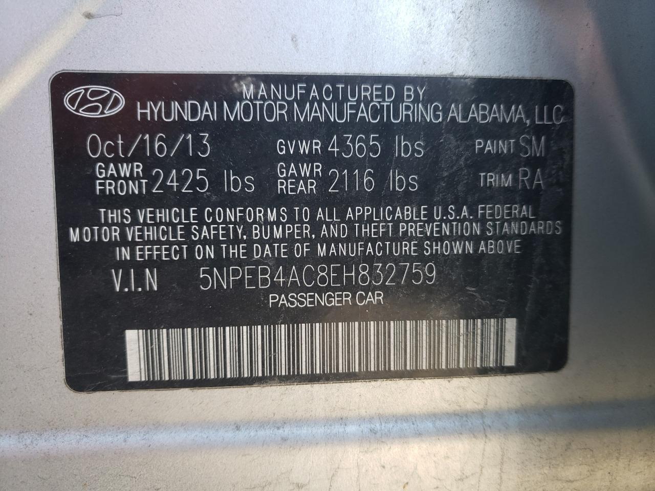 Photo 10 from auction – 2014 HYUNDAI SONATA GLS with VIN 5NPEB4AC8EH832759