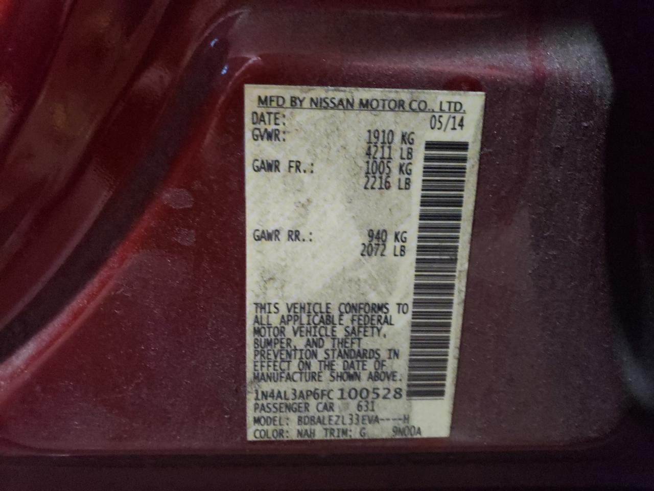 Photo 10 from auction – 2015 NISSAN ALTIMA 2.5 with VIN 1N4AL3AP6FC100528