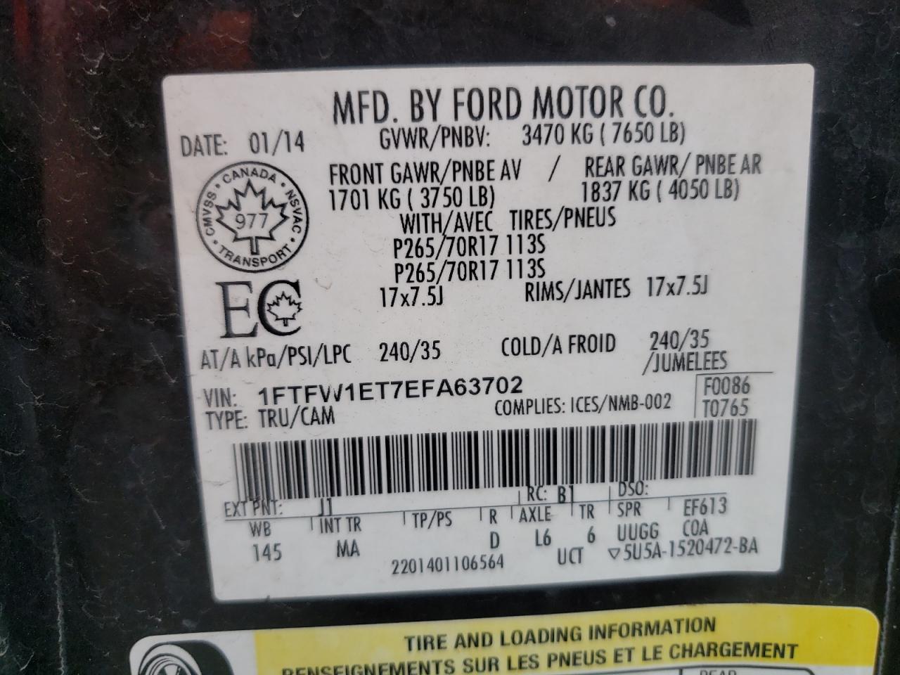 Photo 10 from auction – 2014 FORD F150 SUPER with VIN 1FTFW1ET7EFA63702