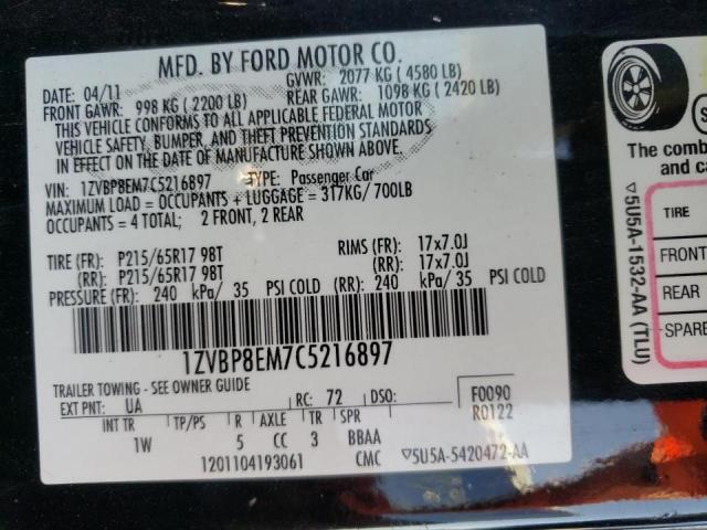 Photo 10 from auction – 2012 FORD MUSTANG with VIN 1ZVBP8EM7C5216897