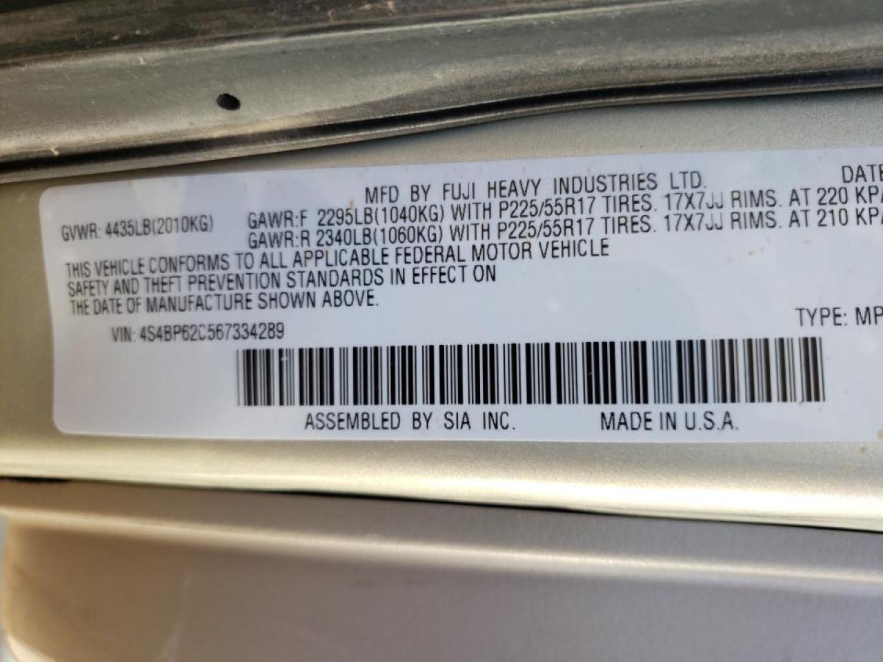 Photo 10 from auction – 2006 SUBARU LEGACY OUT with VIN 4S4BP62C567334289