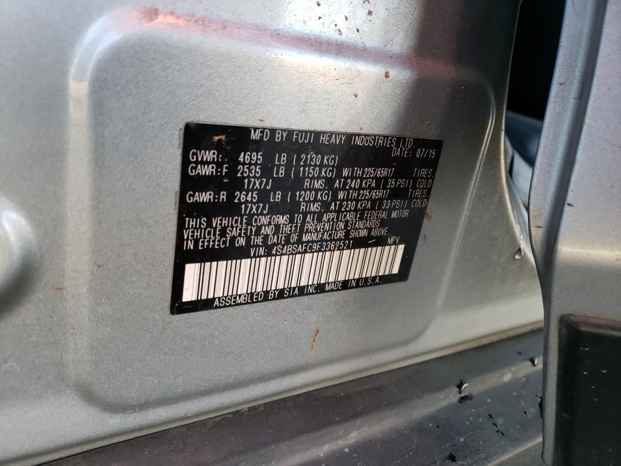 Photo 10 from auction – 2015 SUBARU OUTBACK 2. with VIN 4S4BSAFC9F3362521