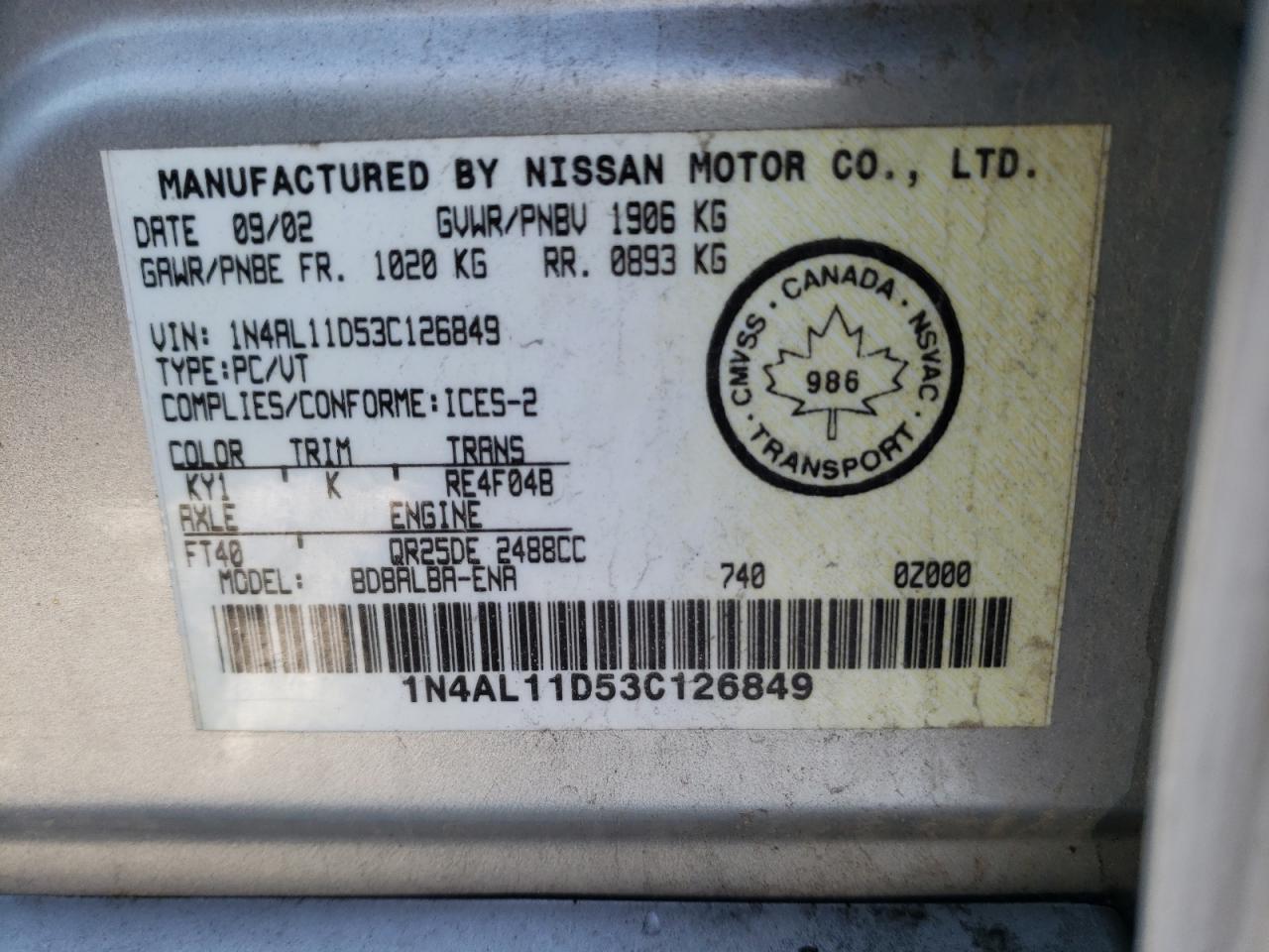 Photo 10 from auction – 2003 NISSAN ALTIMA BAS with VIN 1N4AL11D53C126849