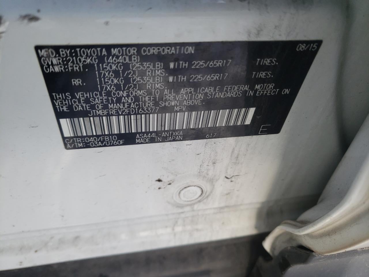 Photo 10 from auction – 2015 TOYOTA RAV4 LE with VIN JTMBFREV2FD163377